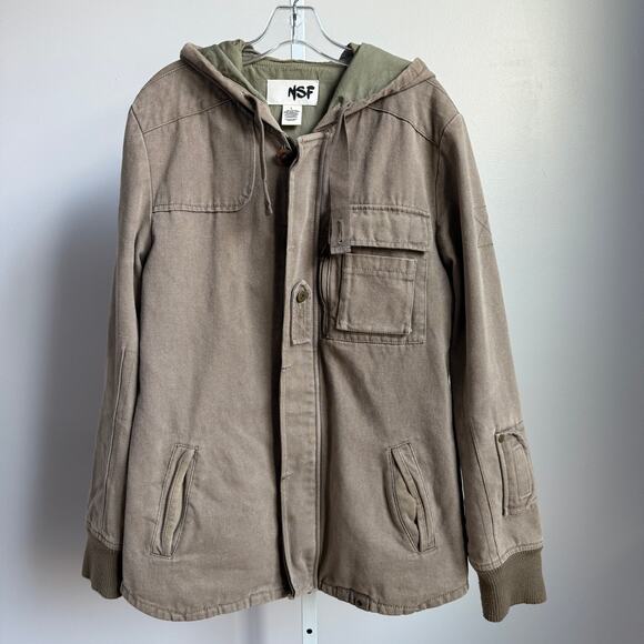 NSF sz L brown 100%‎ cotton heavy duty outdoors hiking hooded jacket NWOT - Picture 1 of 7